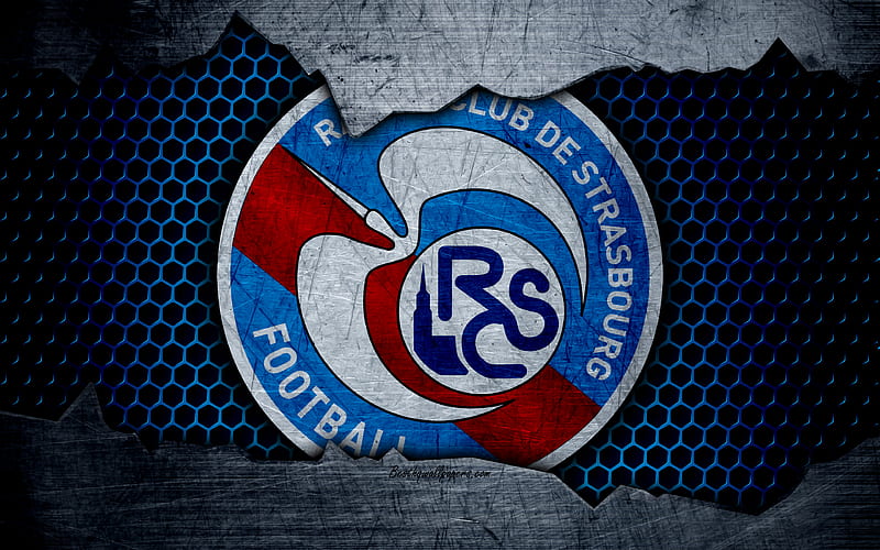 Strasbourg Liga 1, logo, grunge, soccer, football club, metal texture, Ligue 1, art, Strasbourg FC, HD wallpaper