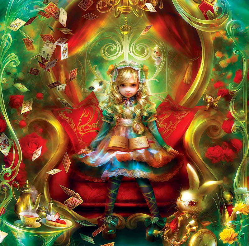 Tea time, red, luminos, alice, shu, wonderland, fantasy, girl, green, HD wallpaper