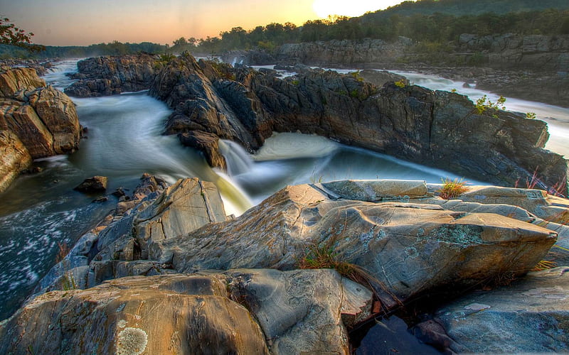 falls and rocks-river bank landscape graphy, HD wallpaper