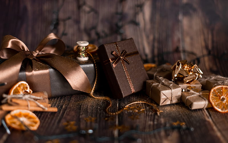 Merry Christmas, Decorations, brown gifts boxes, brown silk bows, Happy New Year, Christmas, HD wallpaper