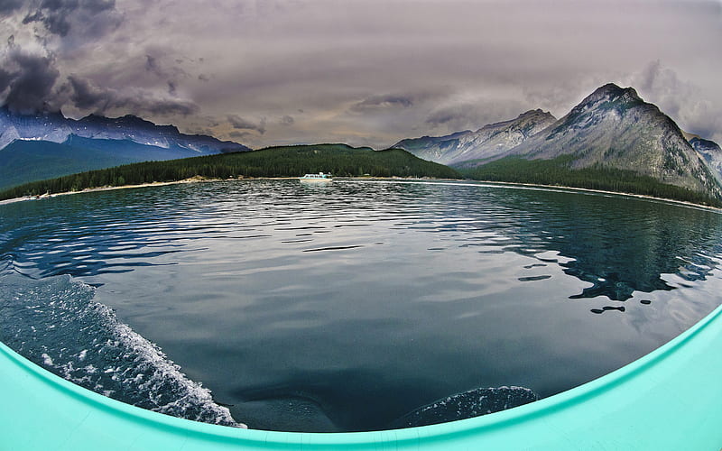 Fish Eye Boat Ride, cloudy, lakes, water, clear, mountains, nature, bonito, forests, HD wallpaper