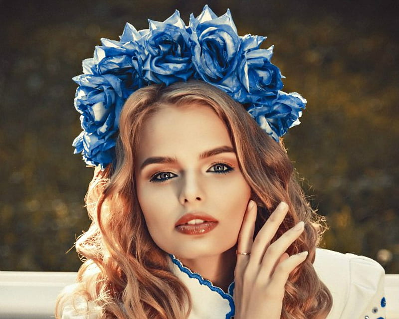 Alisa Denisovna, girl, model, flower, hand, face, woman, blue, HD