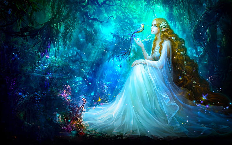 Fairy in the Moonlight, pretty, forest, art, female, bonito, woman, fairie, bird of paradise, fantasy, girl, beauty, digital, HD wallpaper