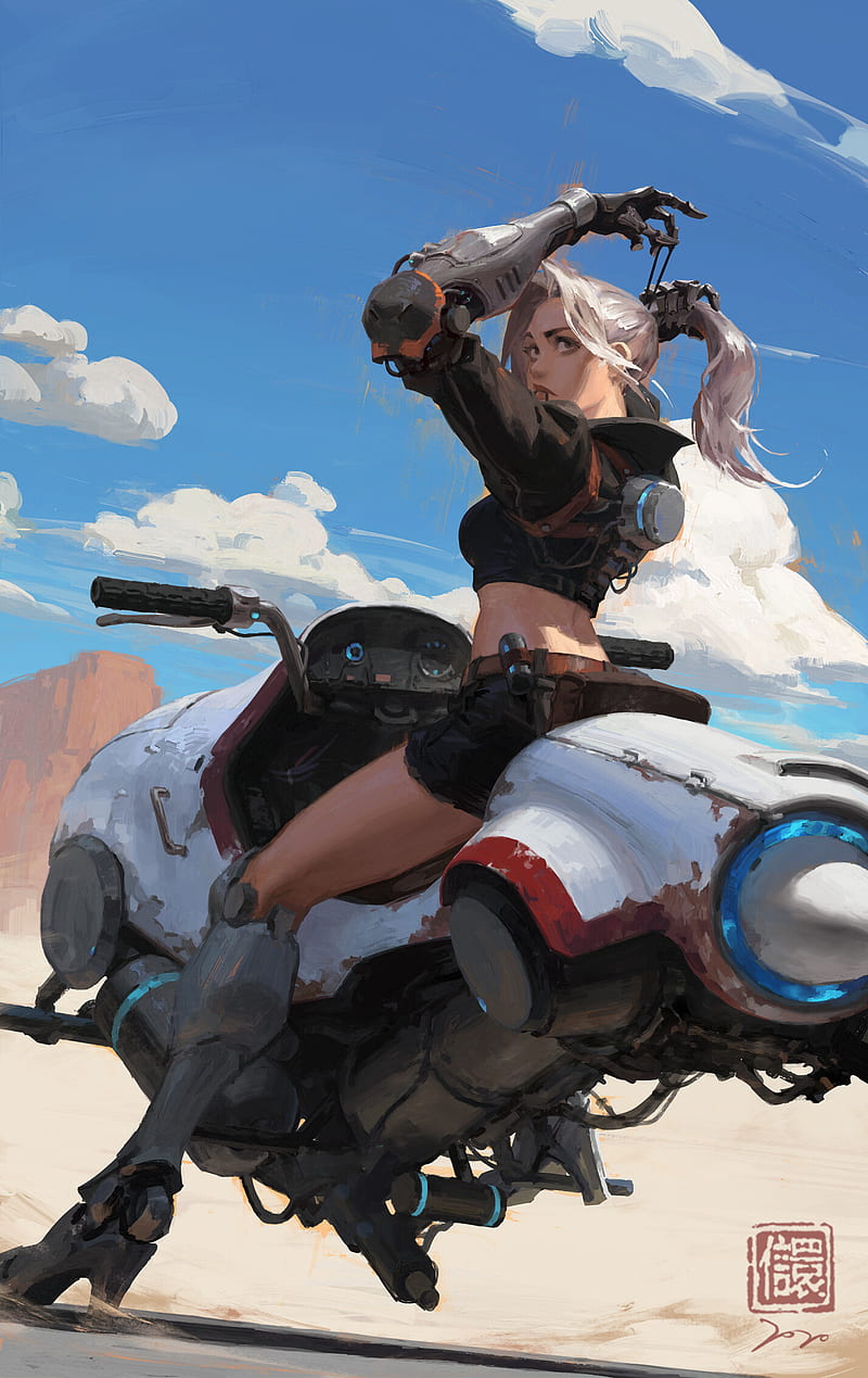 character design , bikes, biker, women, science fiction, cybernetics, ponytail, desert, wasteland, futuristic, flying car, motorcycle, looking back, bare midriff, arms up, sitting, legs, knee-high boots, science fiction women, cyborg, vehicle, sky, back, ArtStation, Kan Liu, silver hair, clouds, from behind, HD phone wallpaper