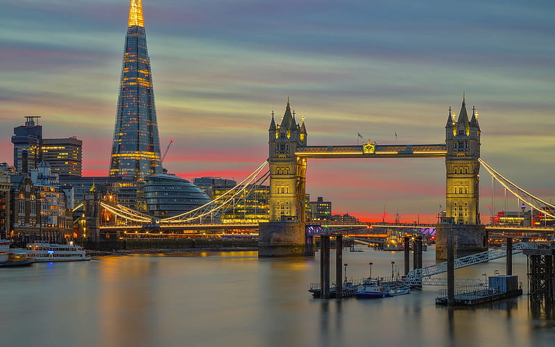 Tower Bridge, London, Shard London Bridge, suspension bridge, evening, Thames River, London cityscape, London skyscrapers, England, HD wallpaper