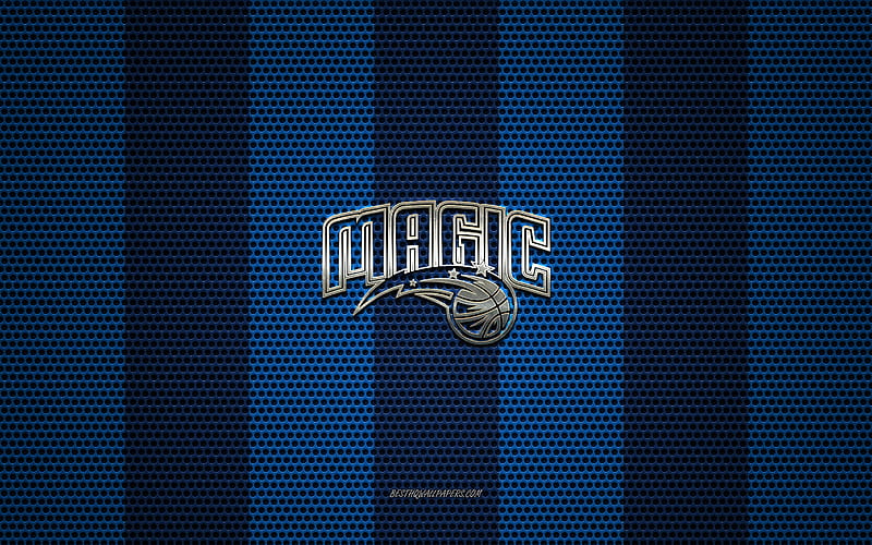 Orlando Magic logo, American basketball club, metal emblem, blue metal mesh background, Orlando Magic, NBA, Orlando, Florida, USA, basketball, HD wallpaper