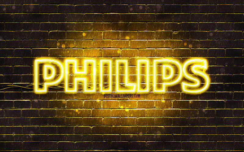 Philips yellow logo yellow brickwall, Philips logo, brands, Philips neon logo, Philips, HD wallpaper