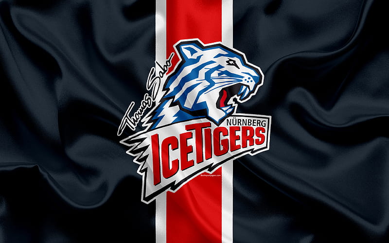 Nurnberg Ice Tigers German hockey club, logo, emblem, hockey, Deutsche Eishockey Liga, Nuremberg, Germany, silk flag, German hockey championship, HD wallpaper