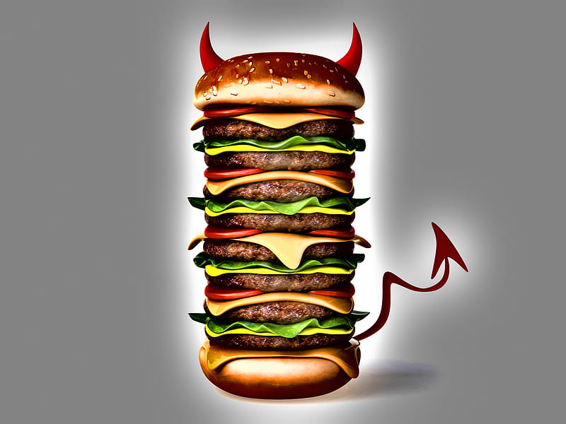 Evil hamburger, diet, food, cg, hamburger, cartoon, 3d, steak, meat, fastfood, overweight, HD wallpaper