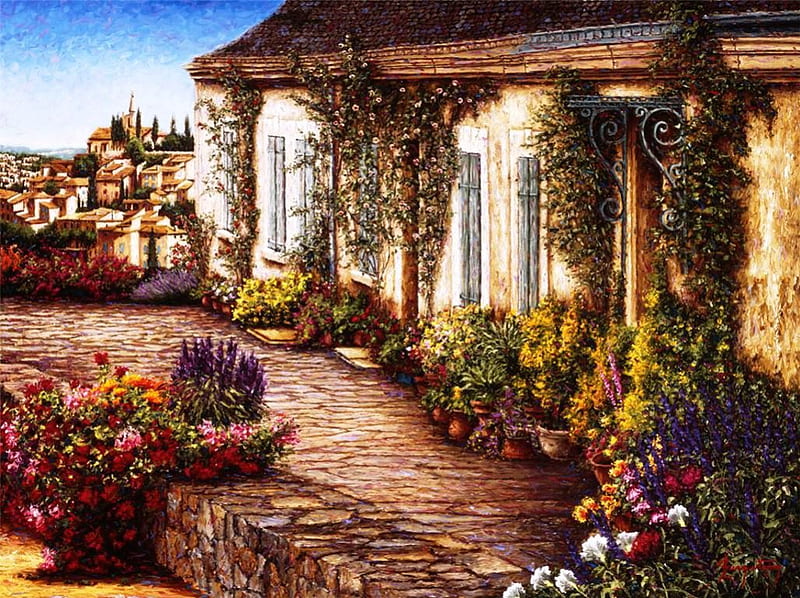 Mediterranean Veranda, houses, town, painting, flowers, blossoms, colors, artwork, HD wallpaper