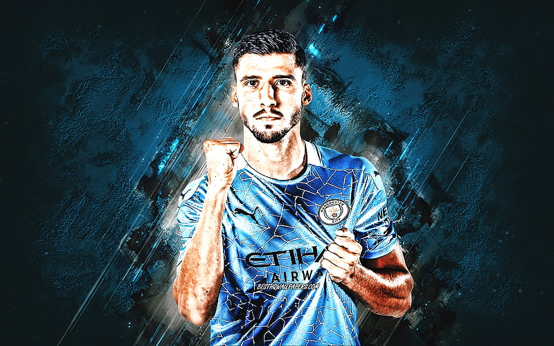 Ruben Dias, Manchester City FC, Portuguese footballer, portrait, blue stone background, football, HD wallpaper