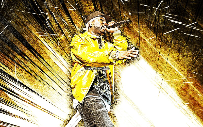 50 Cent, grunge art, american rapper, music stars, yellow abstract rays, Curtis Jackson, 50 Cent with microphone, american celebrity, creative, 50 Cent, HD wallpaper