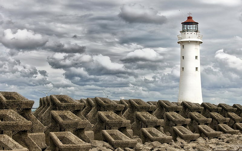 lighthouse by a seawall, turbines, blocks, seawall, clouds, lighthouse, HD wallpaper