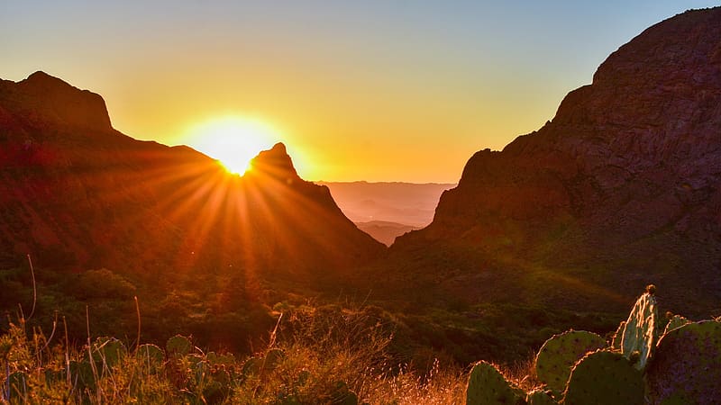 Texas sun setting over Big Bend National Park, usa, texas, cacti, landscape, colors, sky, sun, rocks, HD wallpaper