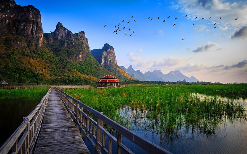 Bridge over the lake - Thailand, hills, world, lakes, Thailand, Bridge over the lake, travel, birds, sky, water fields, green, bridge, landscapes, nature, HD wallpaper