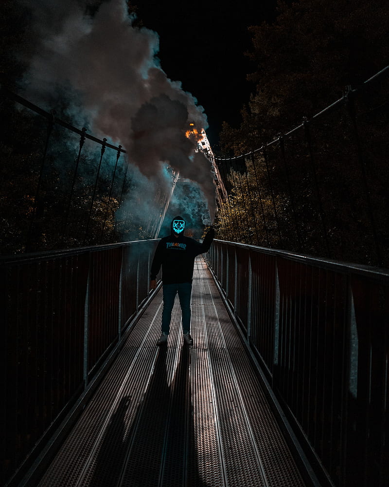 man, anonymous, mask, neon, smoke, bridge, HD phone wallpaper