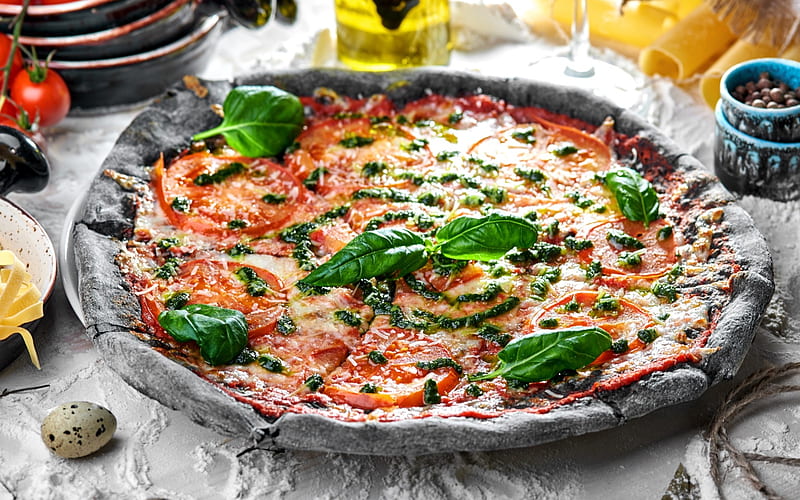 pizza, black dough, pepperoni, Italian pizza, fast food concepts, HD wallpaper