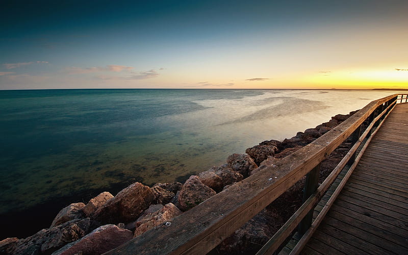 Bridge handrail boards sea horizon-Scenery, HD wallpaper