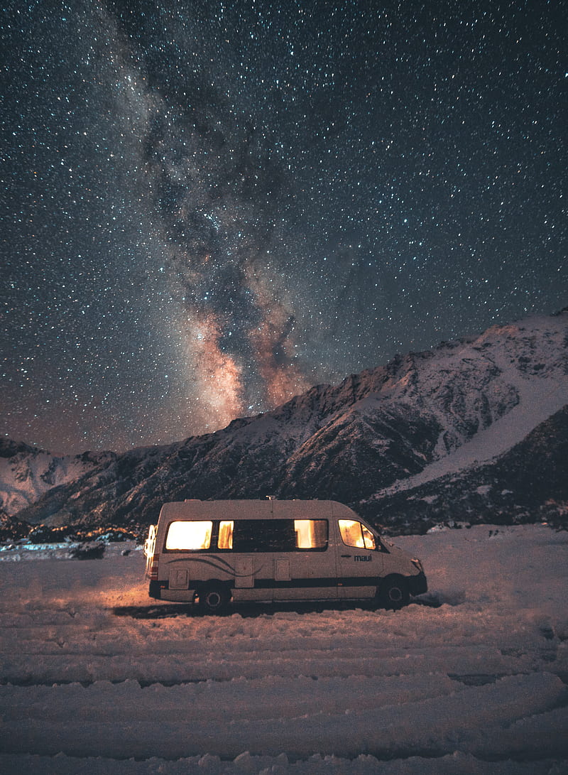 van, mountains, night, starry sky, landscape, travel, HD phone wallpaper