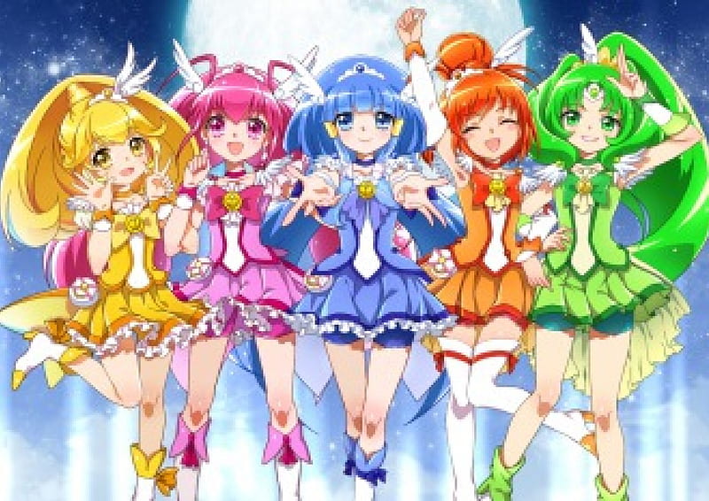 Smile PreCure!, pretty, adorable, sweet, magical girl, nice, pretty cure, group, anime, anime girl, long hair, team, cure peace, cure beauty, female, cure happy, lovely, cure march, cute, kawaii, girl, precure, cure sunny, HD wallpaper