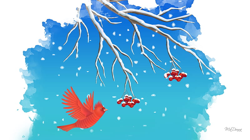 Snow Bird, tree, bird, berries, snow, mountain ash, Firefox Persona theme, winter, HD wallpaper