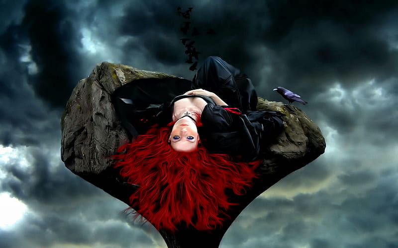 A moment suspended in time, red, rock, dreams, bonito, woman, clouds, gothic, stone, darkness, dreamer, face, blue eyes, blue, night, female, black, red hair, sky, storm, memories, goth, girl, bird, dark, eyes, HD wallpaper