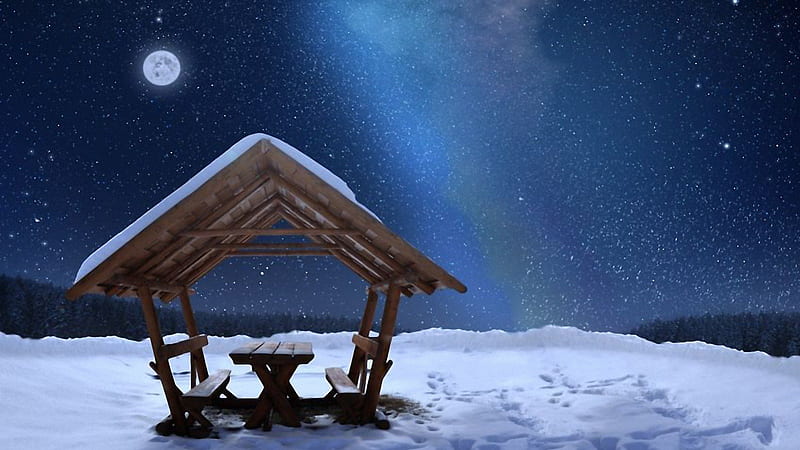 moon in a starry sky over an arbor, stars, moon, benches, arbor, winter, HD wallpaper