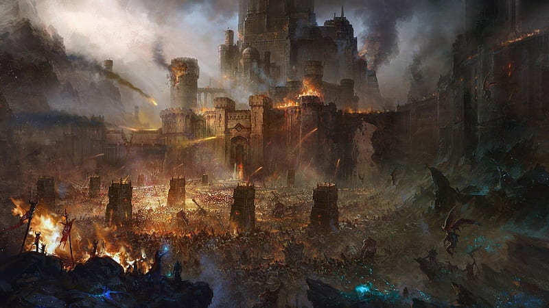 Epic Castle Siege, warriors, fantasy, medieval, siege, abstract, castle, HD wallpaper
