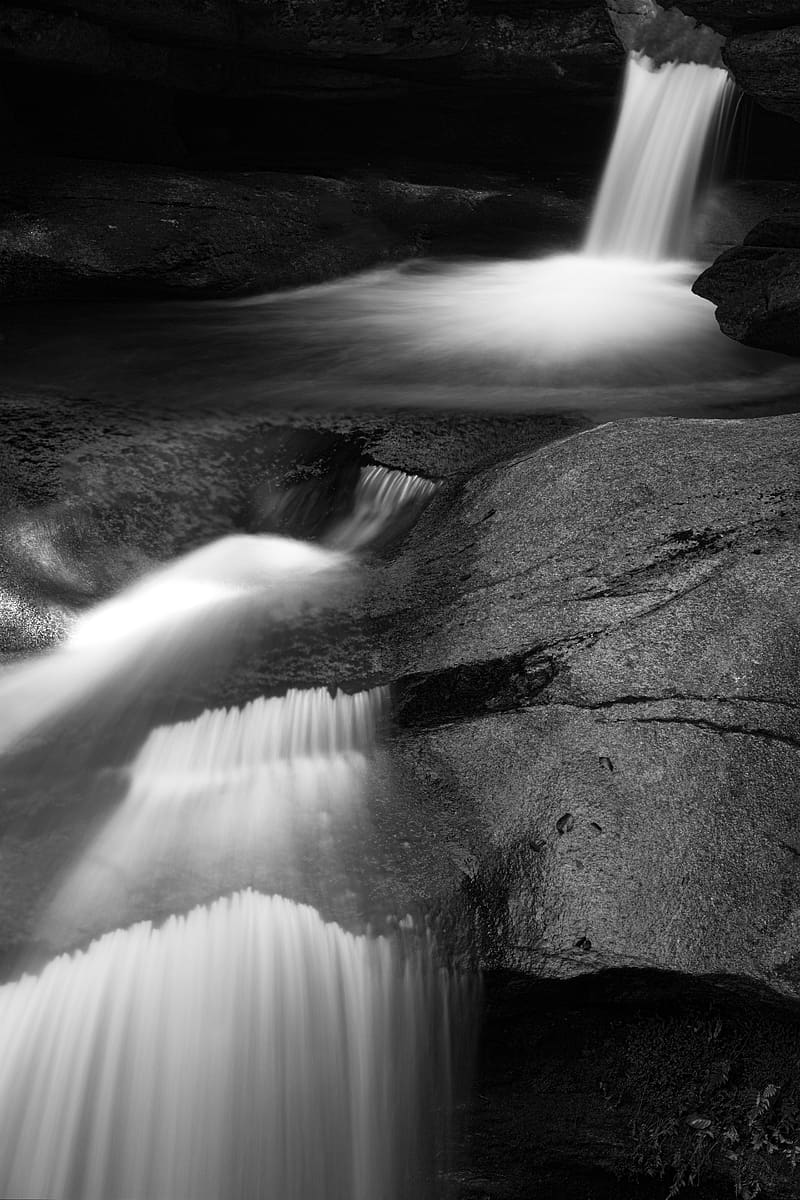 waterfall, stones, long exposure, bw, HD phone wallpaper