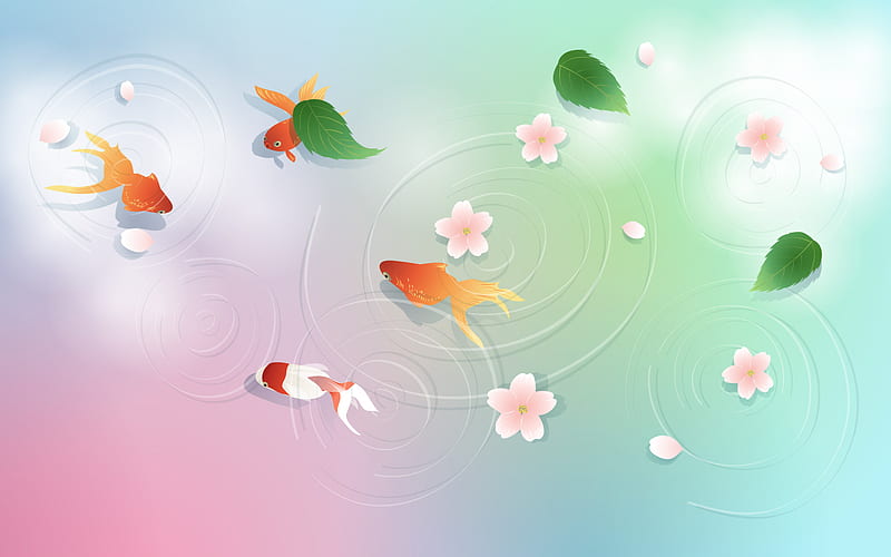 Goldfish and Peach Blossoms, peach blossoms, fish, flowers, abstract, vector, goldfish, HD wallpaper