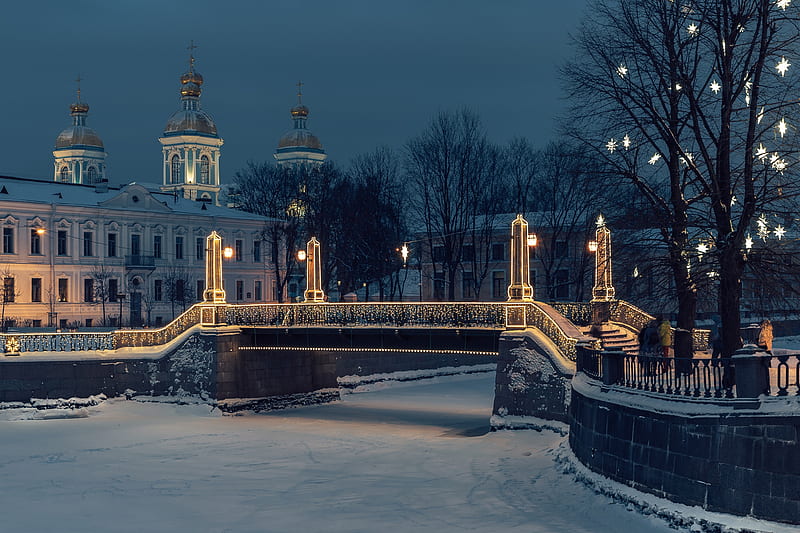 Cities, Saint Petersburg, Bridge, Night, River, Russia, Snow, Winter, HD wallpaper