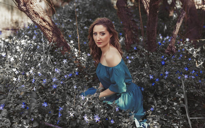beautiful girl, spring, blue dress, portrait, makeup, HD wallpaper