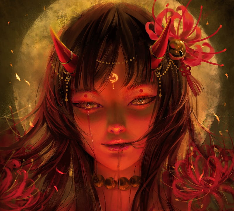Kaouri demon girl, red, kaouri, moon, luminos, spider, horns, fantasy, demon, akih hika, moon, girl, dark, flower, lily, face, HD wallpaper