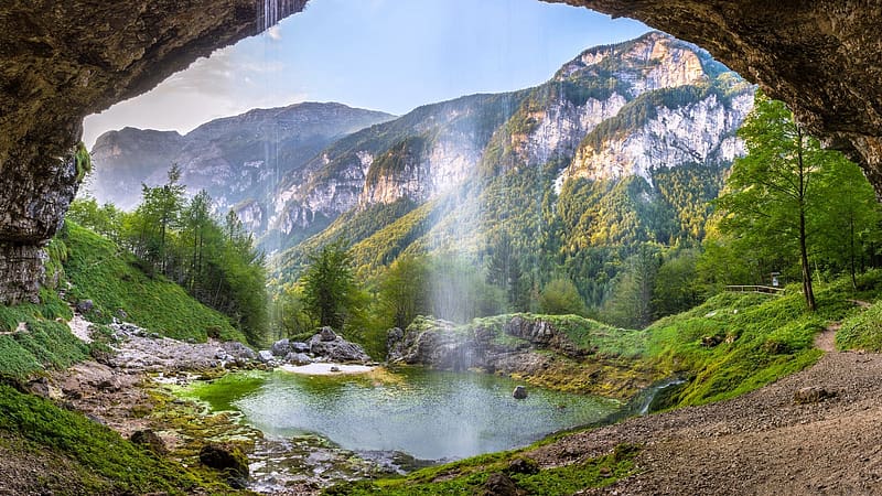 Fontanon di Giulia, Friuli, Italy, pond, landscape, trees, water, mountains, alps, HD wallpaper