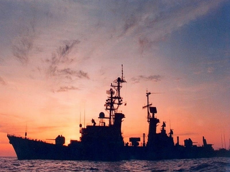 Destroyer at dusk, dusk, destroyer, ship, sea, HD wallpaper