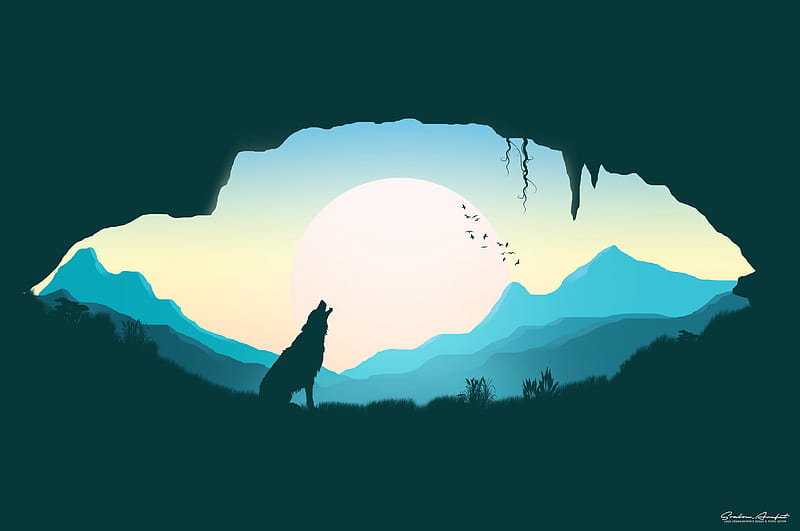 wolf, silhouette, art, cave, HD wallpaper