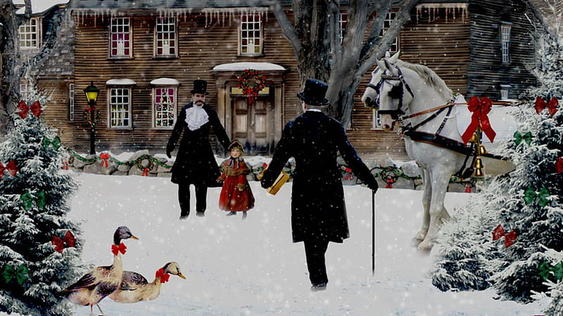 a victorian christmas, victorian christmas, art, holidays, paintings, snow, winter, HD wallpaper