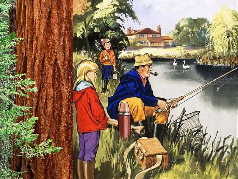 Painting - Fishing, children, family, nature, fishing, HD
