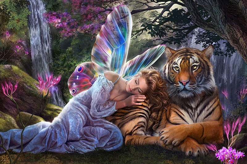 Tiger and Fairy, tiger, wings, friends, fairy, HD wallpaper