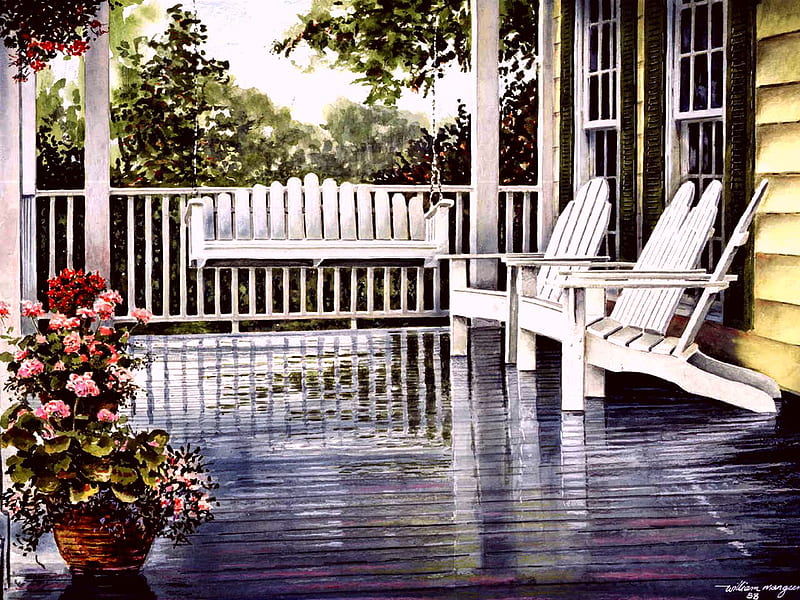 SUMMER SPLENDOR, chair, rain, swing, porch, HD wallpaper SUMMER SPLENDOR, chair, rain, swing, porch, HD wallpaper