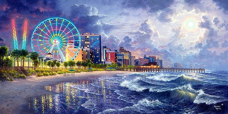10x6.5ft Seaside Amusement Park Polyester Photography Background Ferris Wheel Facilities On The Beach Scene Backdrop Child Adult Travelling Shoot Landscape Wallpaper Holiday Vacation 