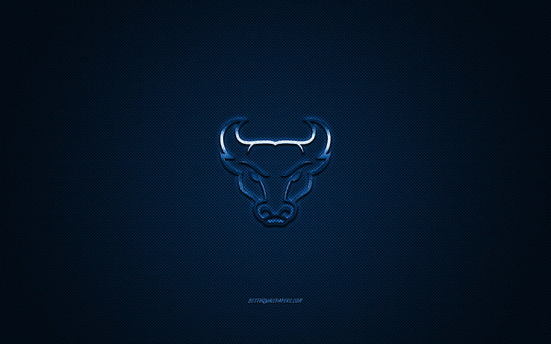 Buffalo Bulls logo, American football club, NCAA, blue logo, blue carbon fiber background, American football, Buffalo, New York, USA, Buffalo Bulls, HD wallpaper
