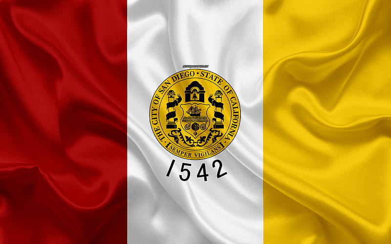 Flag of San Diego silk texture, american city, red white yellow flag, San Diego flag, California, USA, art, United States of America, San Diego, HD wallpaper