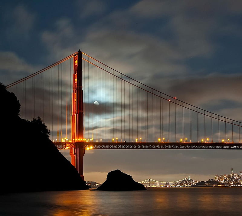 San Francisco, bridge, cloudy, dark, lake, moon, night, sea, HD wallpaper