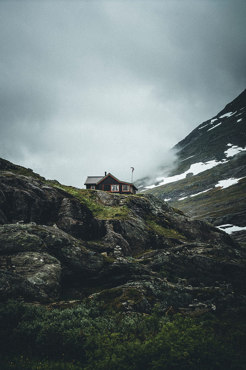 mountain, rock, house, nature, solitude, comfort, HD phone wallpaper