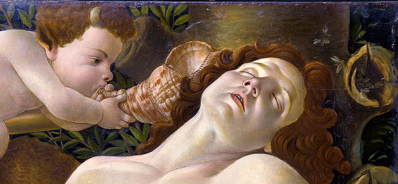 Venus and Mars (detail), redhead, detail, cupid, painting, man, sandro botticelli, venus and mars, art, pictura, god, HD wallpaper