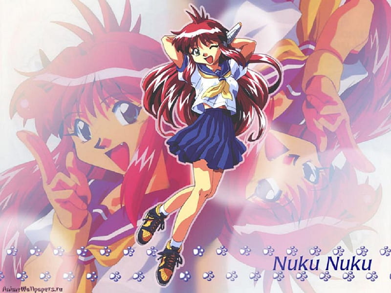 nuku nuku skipping montage, skipping, short skirt, spikey hair, red hair, smile, android, cat tracks, anime, wink, montage, cat girl, long hair, HD wallpaper