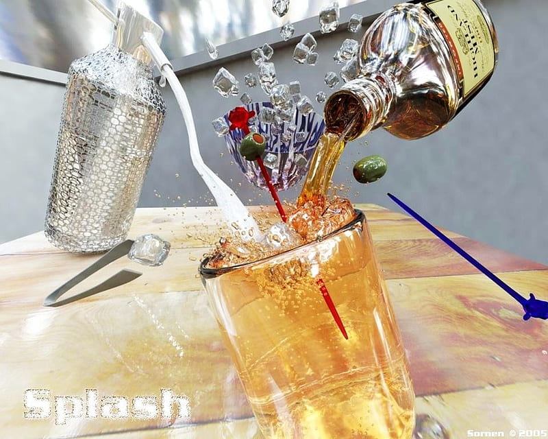 Splash, whiskey, shaker, bottle, mix, glass, stir stick, ice, drink, HD wallpaper