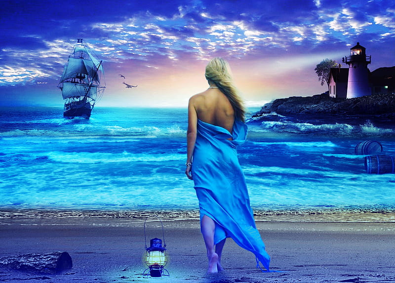 Esperando ..., mujer, casa, océano, rubia, abstracto, cielo, mujer, faro,  mar, Fondo de pantalla HD | Peakpx
