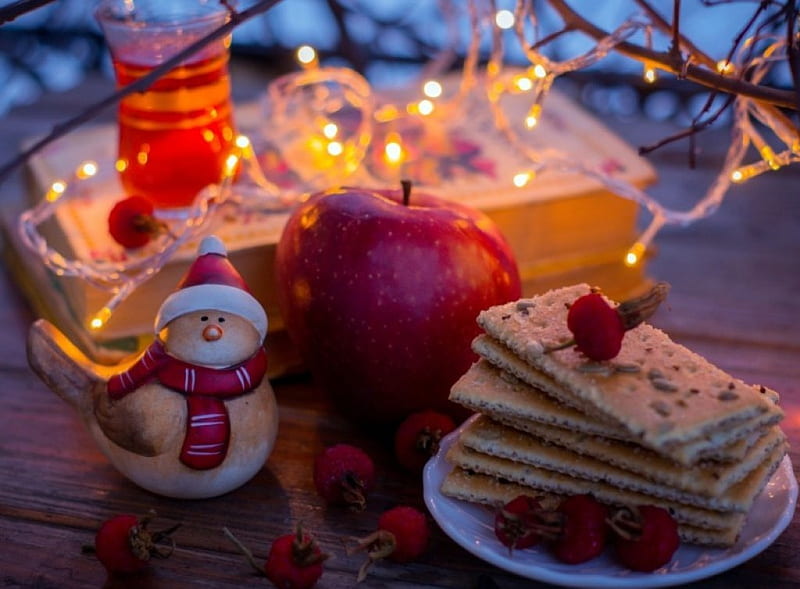 :), apple, red, holidays, books, yellow, tea, lights, winter, figurines, garland, cookies, berries, HD wallpaper
